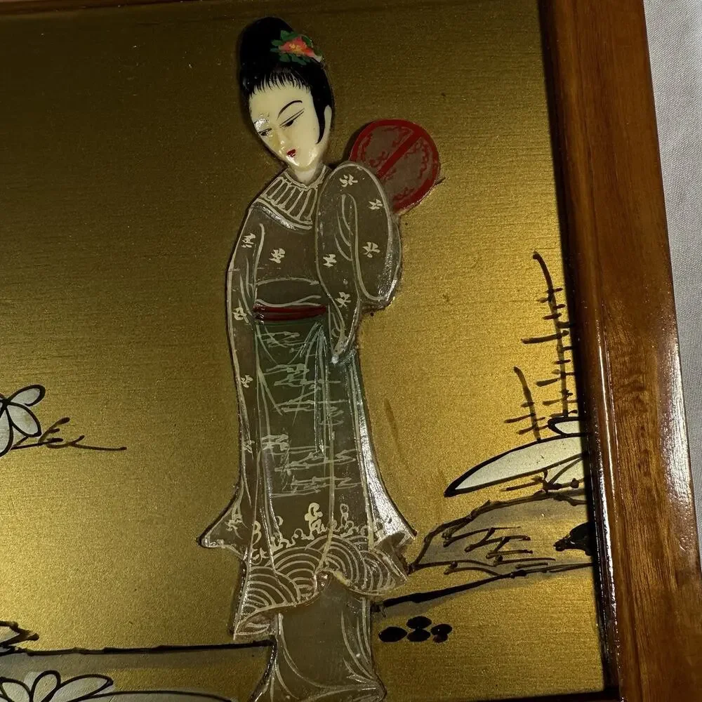 Vintage Asian Reverse Painted Glass Wall Art Geisha Women Gold Background MCM